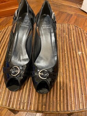 Stuart Weitzman Black Patent Peep-Toe Slingback Pumps with Buckle